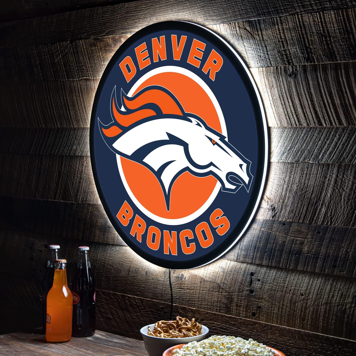 Team Sports America Evergreen NFL Denver Broncos | Ultra-Thin LED Light Wall Sign Decor | 23 Inch Round | Made in the USA