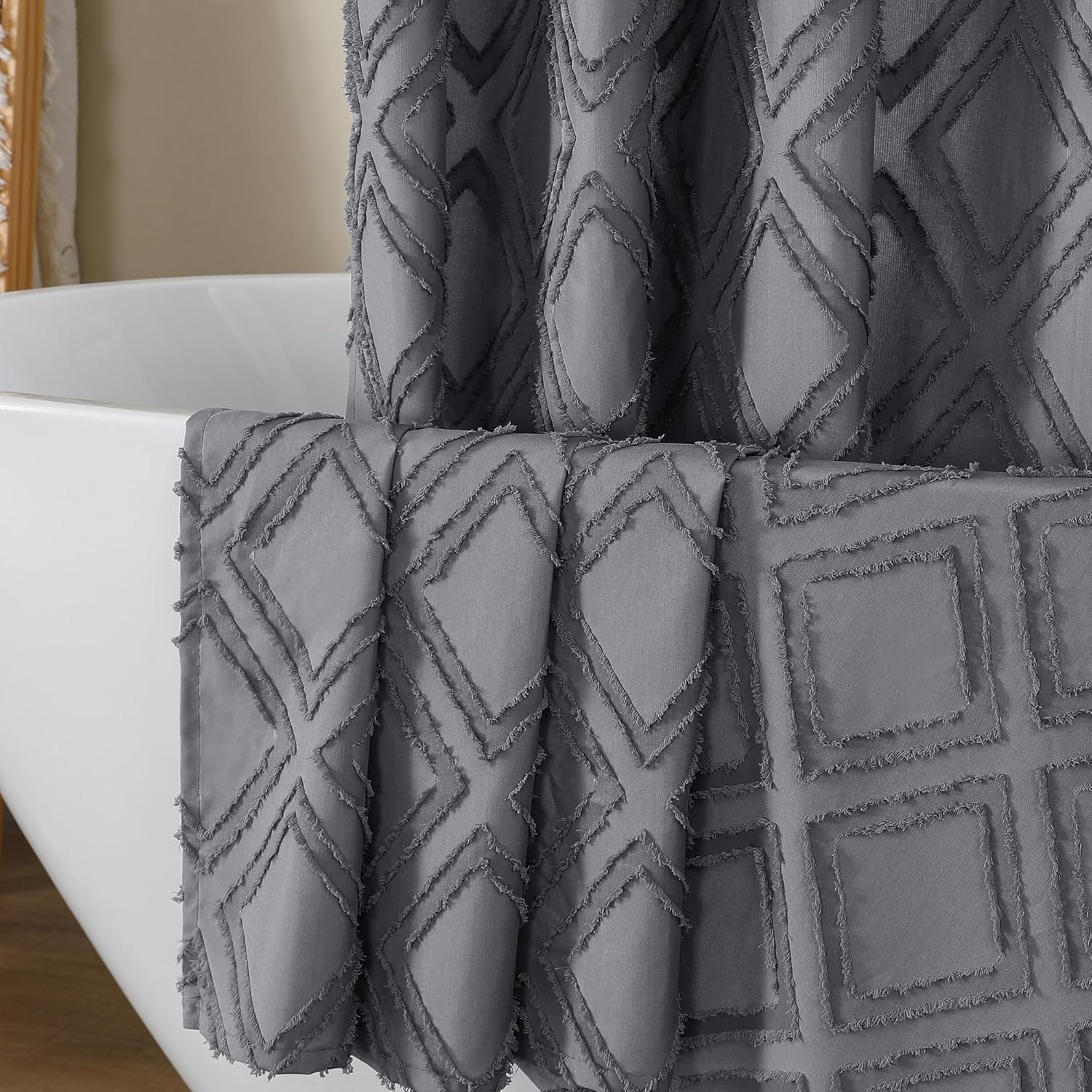 OWENIE Grey Shower Curtain Set, Jacquard Geometric Textured Fabric Boho Shower Curtains for Bathroom, Soft Hotel Style Farmhouse Shower Curtain Grommet Top 12 Hooks, Machine Washable, 72x72, Grey
