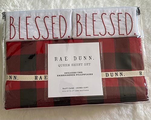 Rae Dunn Juego de sábanas Queen, fundas de almohada bordadas benditas, diseño de búfalo/rojo, negro, blanco