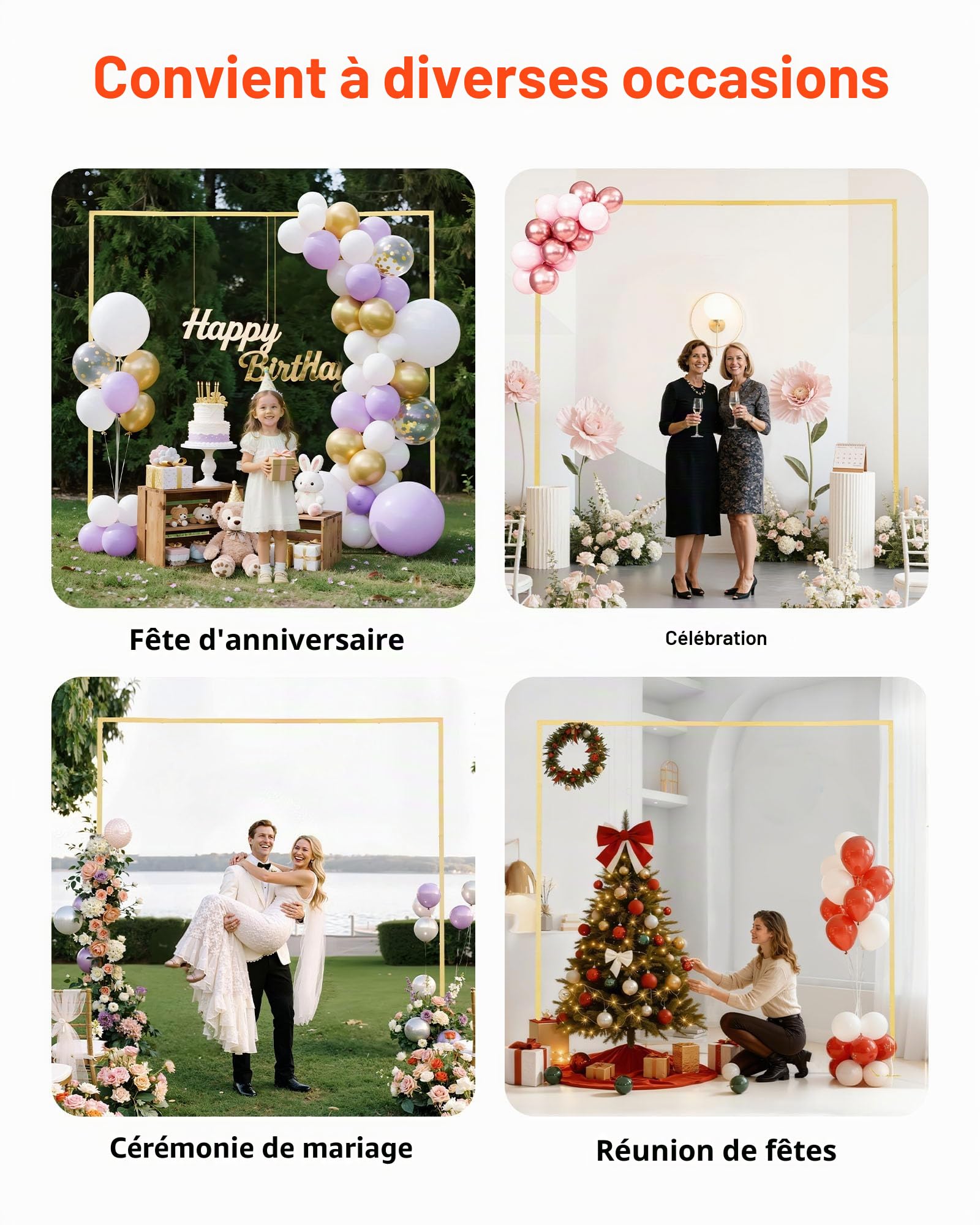 VEVOR Arche de Mariage Carré 2,4 x 2,4 m Support de Fond Arche Stable en Métal avec Tubes Carrés pour Décoration de Mariage, Anniversaire, Remise de Diplômes, Fêtes, Cérémonies, Célébrations, Doré