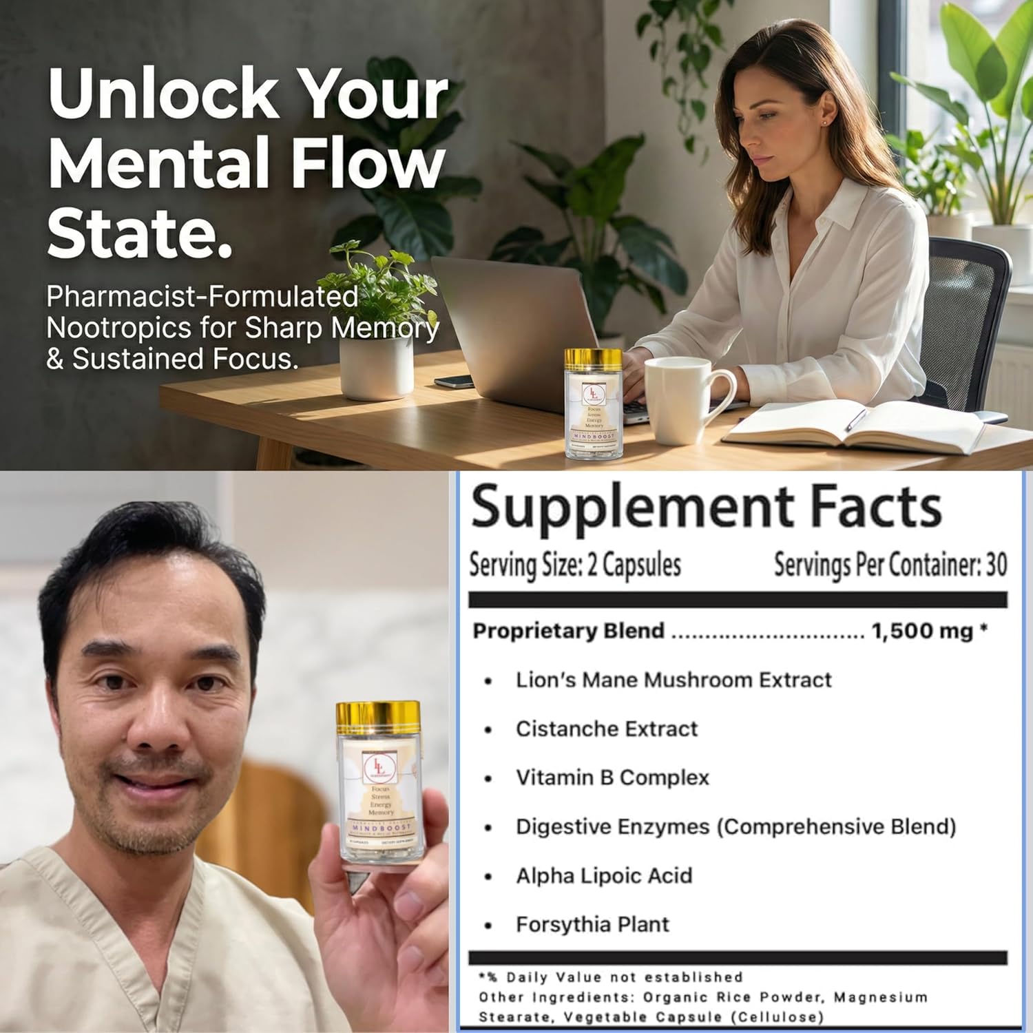 LL Supplement MindBoost – Pharmacist-Formulated Nootropic Supplement for Focus, Clarity & Memory Support – Lion’s Mane, Cistanche, Alpha Lipoic Acid & B Vitamins – Caffeine-Free – 60 Capsules