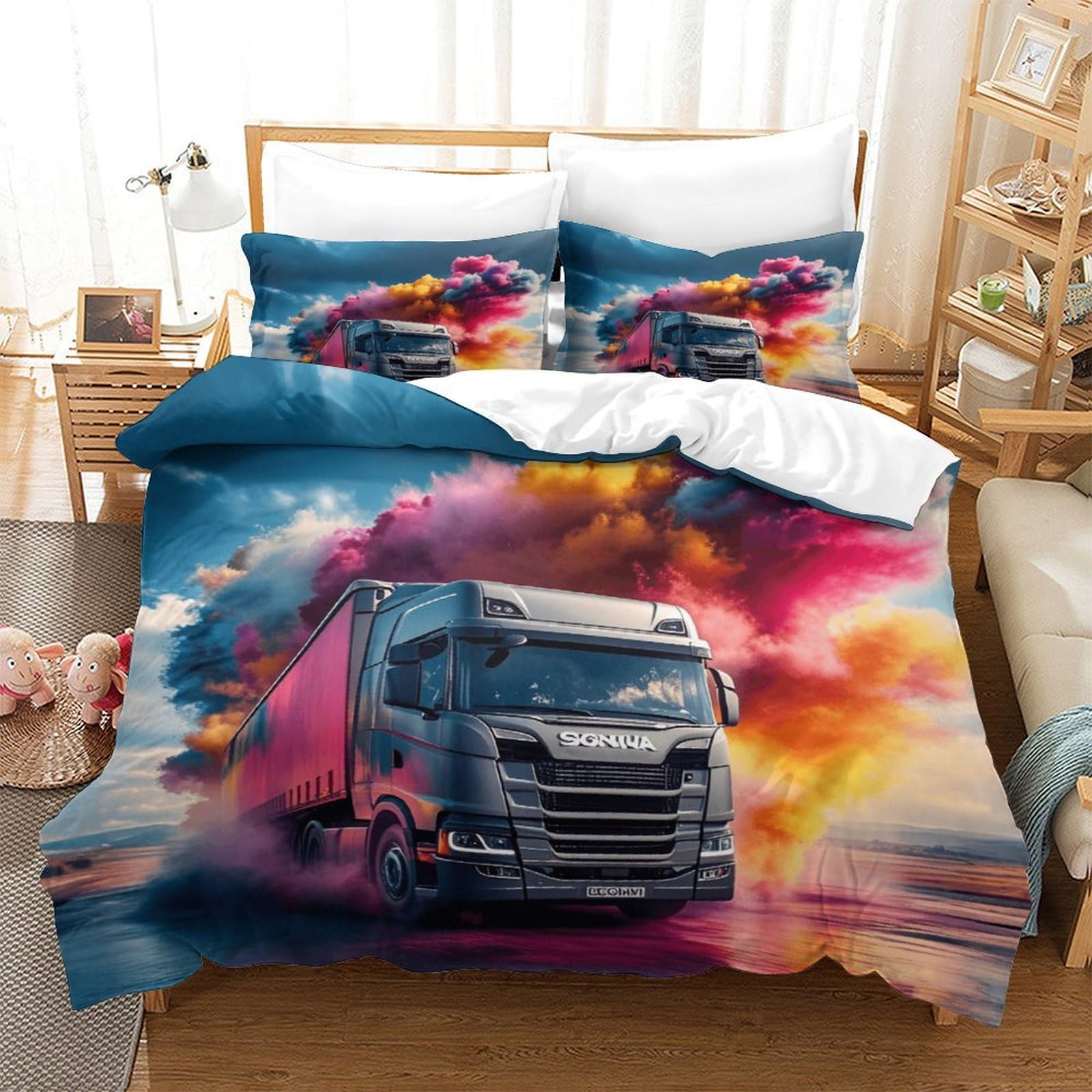 XiaopangXY Lorry Bedding Set 3D Printed Truck Quilt Cover with Zipper Closure Luxe Duvet Cover with Pillowcase Microfiber for Childrens And Adults King（220x240cm）