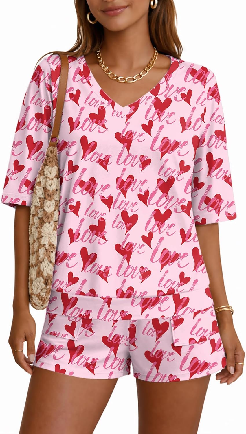 Ekouaer Lounge Sets for Women V Neck Womens Pajama Sets Two Piece Short Sets Summer Vacation Outfits with Large Pockets