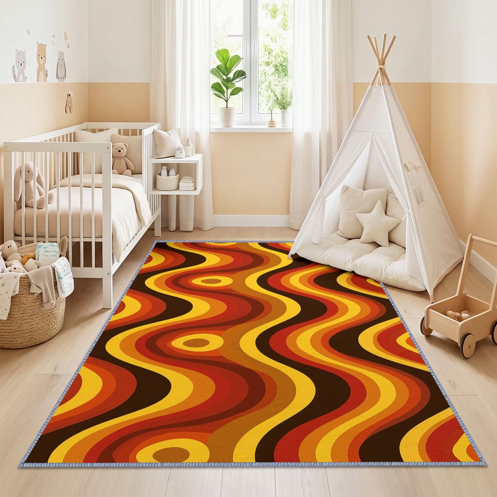 Générique Rayures Ondulées Abstraites Orange-Brun Tapis Salon 80 x 150 cm, Lavable en Machine Antidérapant Tapis Vintage pour Chambre Descente de Lit Salle a Manger Bureau