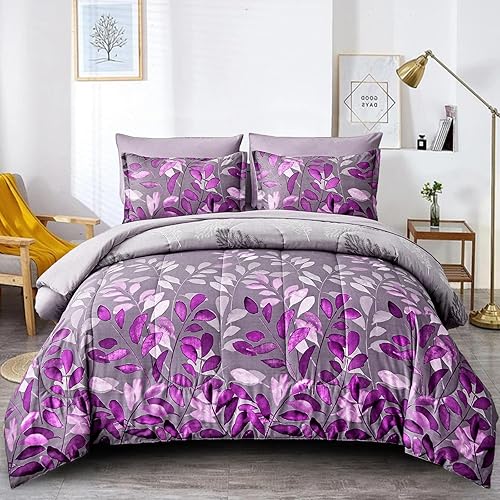 Juego de edredón botánico morado, tamaño Queen, 7 piezas, ropa de cama en una bolsa, con patrón de hojas degradadas, para todas las estaciones,