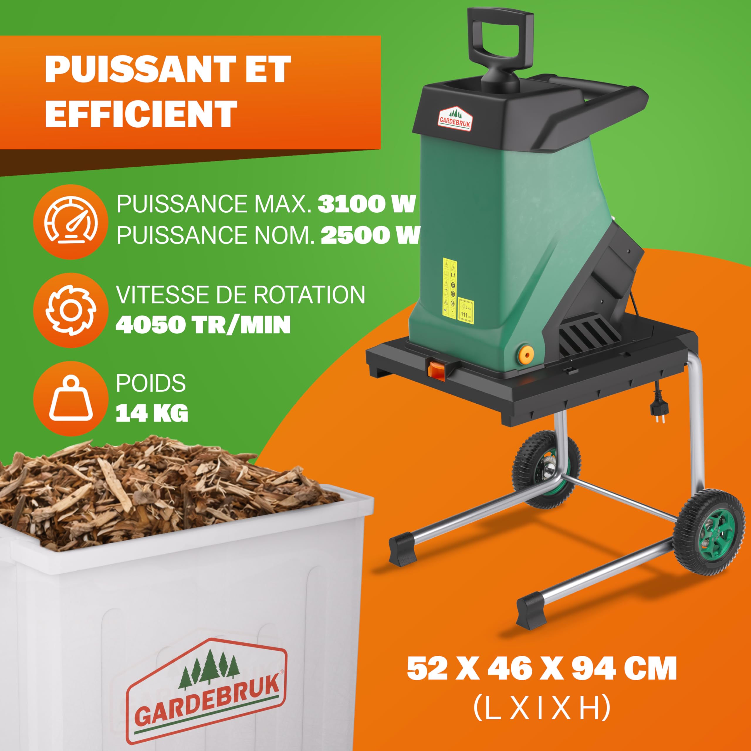 Gardebruk® Broyeur de végétaux électrique 3.1000W broyeur de Branches Couteau Lame Max. 40mm bac 50L broyeur de Jardin déchiqueteur Bois Compost Jardin
