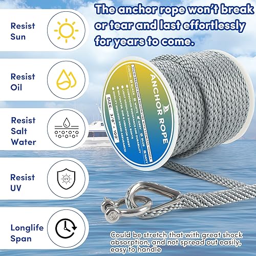 Vista 164 de Cuerda de anclaje premium de 100 pies x 3/8 pulgadas, cuerda marina de línea de anclaje MFP trenzada sólida con dedal y grillete, color negro