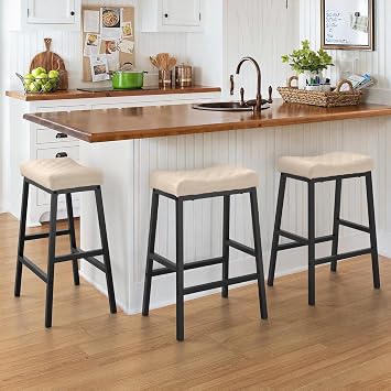 Counter Height Bar Stools Set of 3, Saddle Seat, Apricot Gray