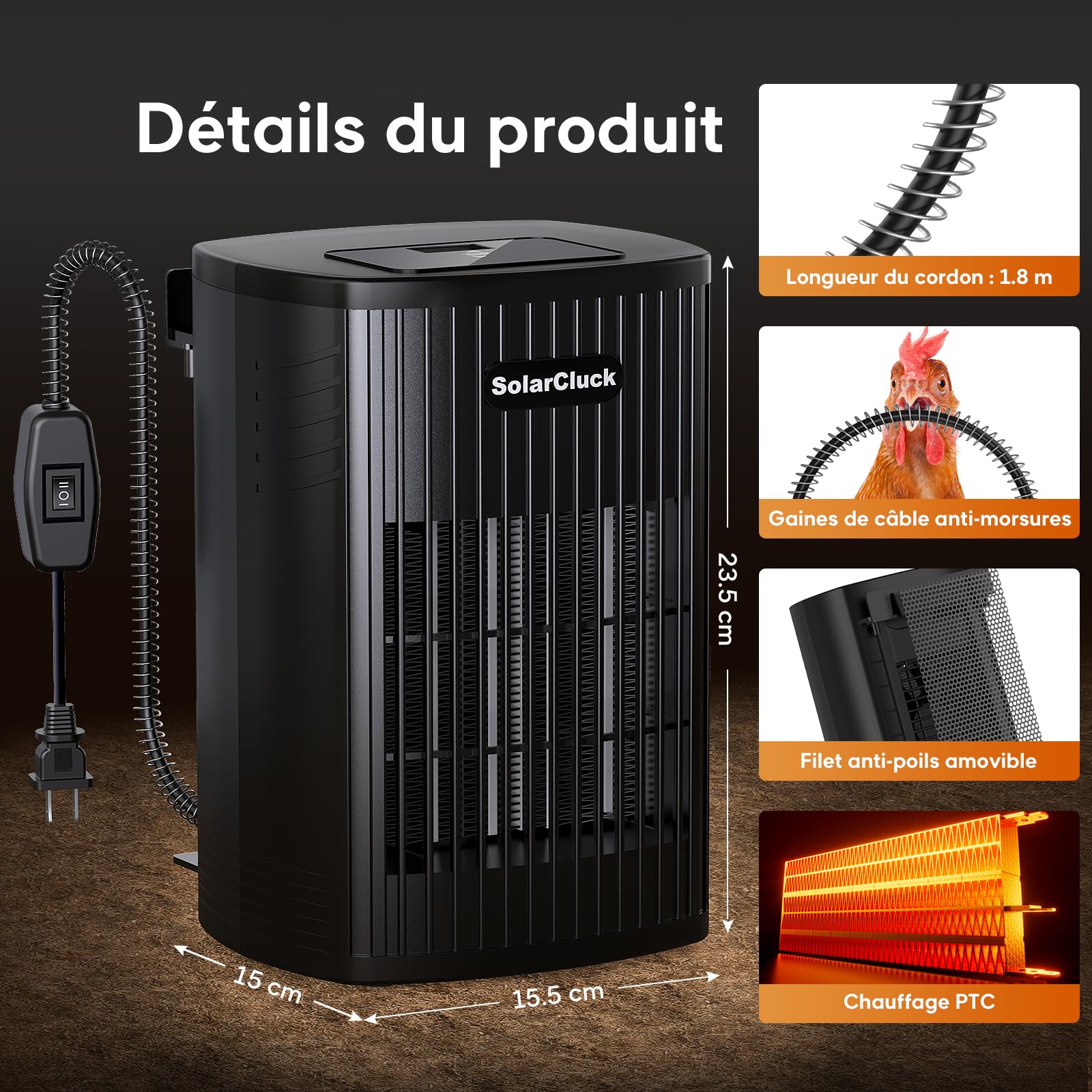 Chauffage de Poulailler Intérieur avec Thermostat, 600/300 W Chauffage poulailler à Température Réglable, Fonction Mémoire, Cordon Anti-morsure pour l’hiver, Chauffage pour Poulets Canards et Oies