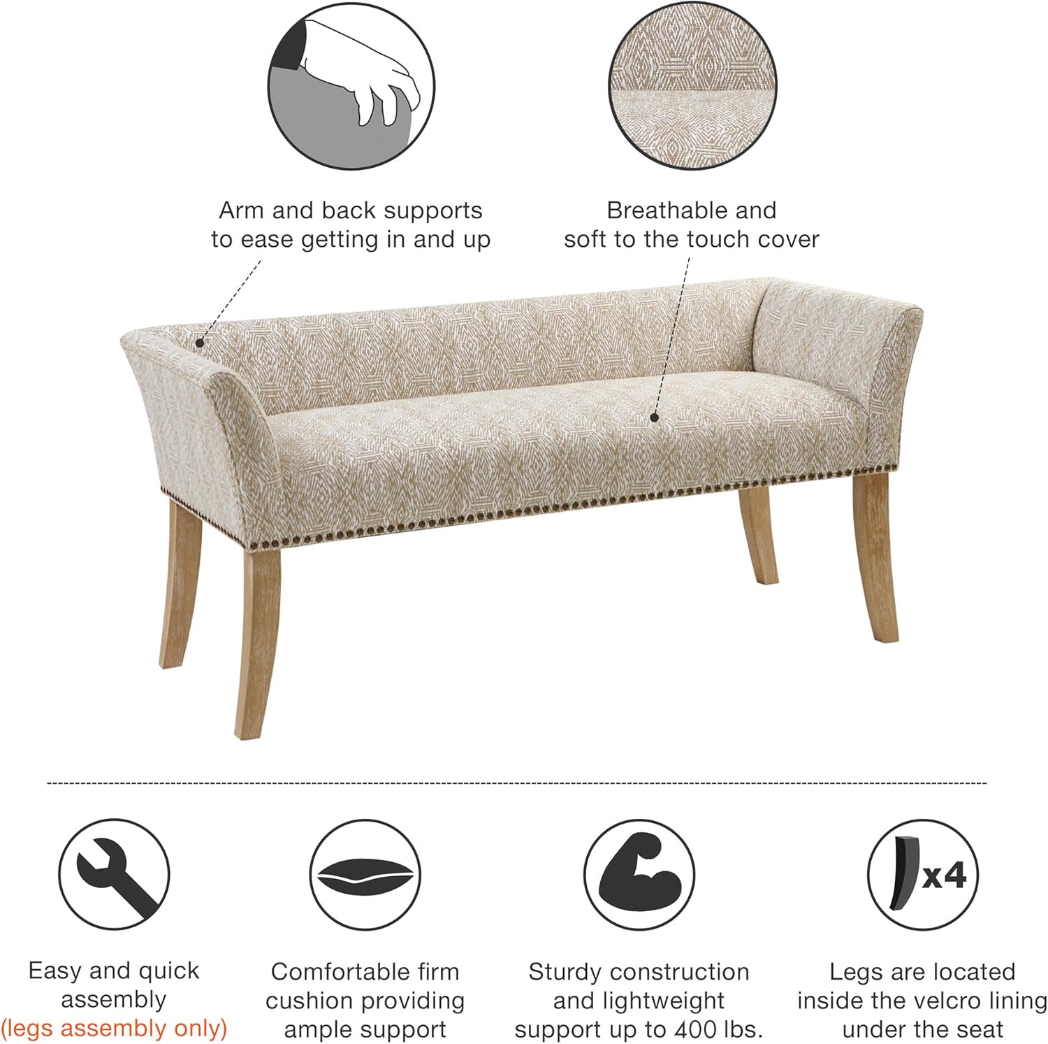 Madison Park Accent Bench for Living Room, Upholstered with Nailhead Trim, & Padded Seat Entryway Bench Small, End of Bed Bench with Back, 49.5" W x 19.25" D x 23" H, Taupe Multi