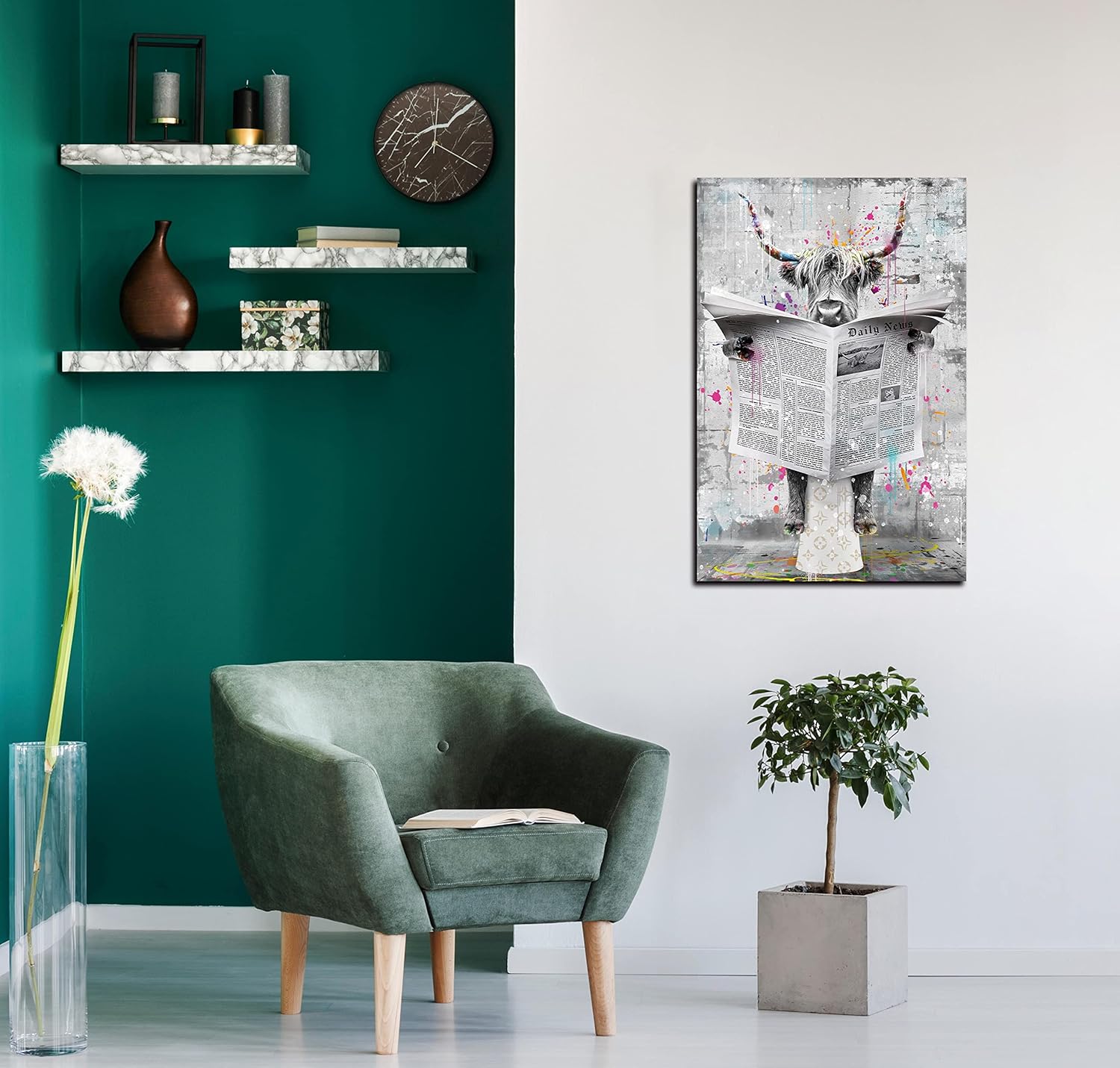 GUGIKA Highland Cow Wall Art for Bathroom, Funny Graffiti Cattle Living Room Wall Decor, Black and White Bedroom Canvas Print, Size 16x24 Inches