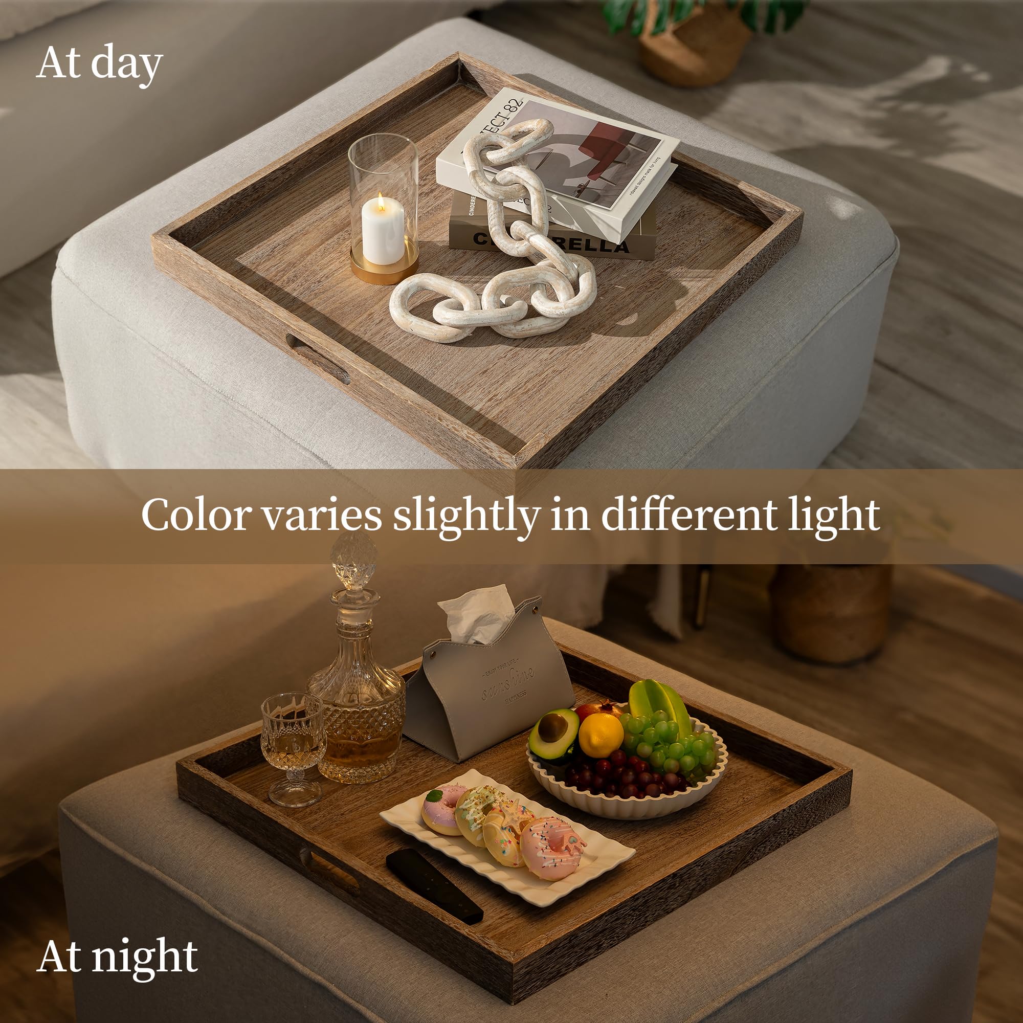 Hanobe Bandeja de servir otomana grande: bandejas decorativas de madera para sala de estar sobre reposapiés, cuadrada rústica marrón extra XXL, bandeja de madera para decoración de mesa de café, 56 cm
