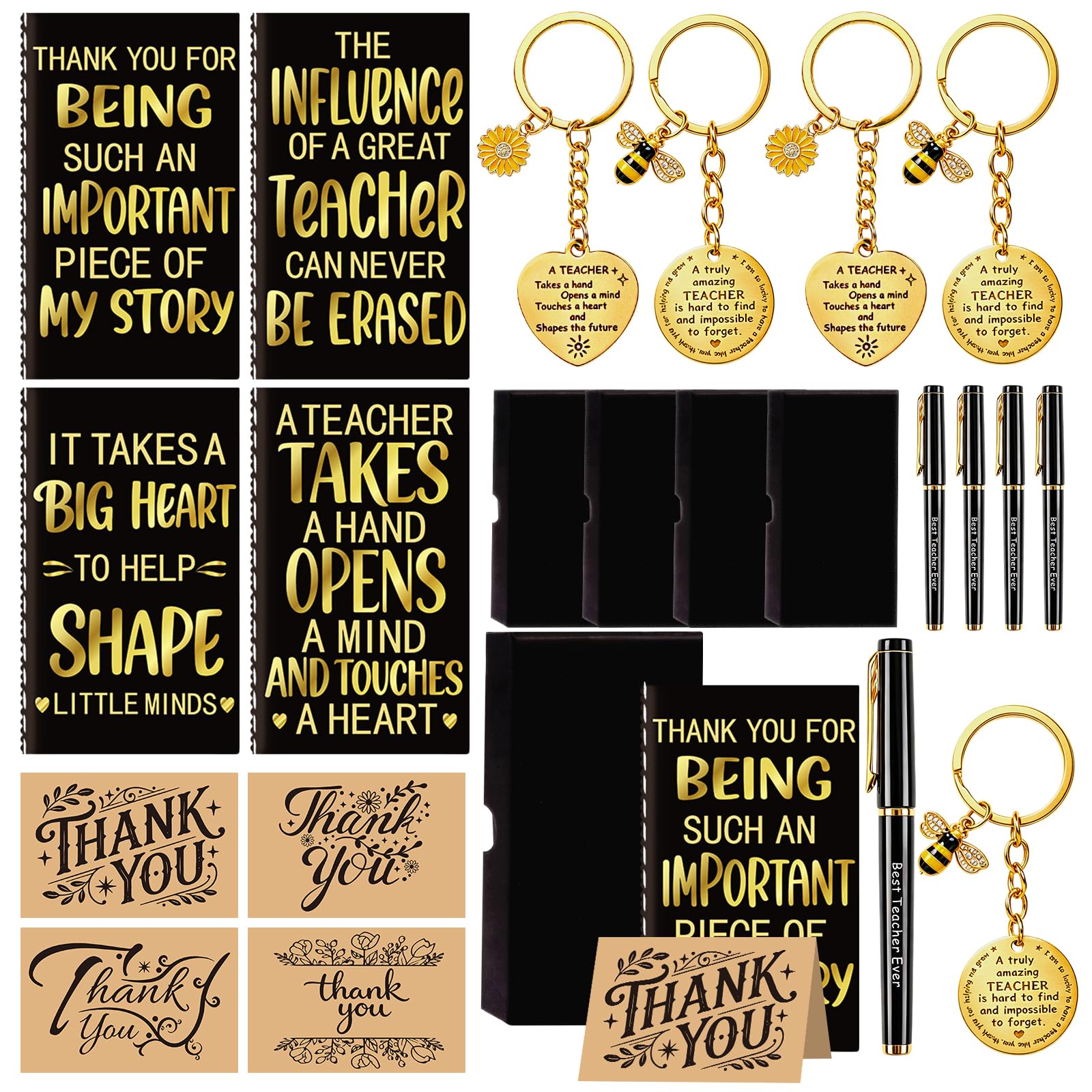 Huiboome 4 Set Thank You Teacher Gifts Teacher Gifts with Notebook Pen Keyring and Black Gift Box for Women Men Teachers Notebook Gift for Nursery Teacher Teaching Assistant End Of Term
