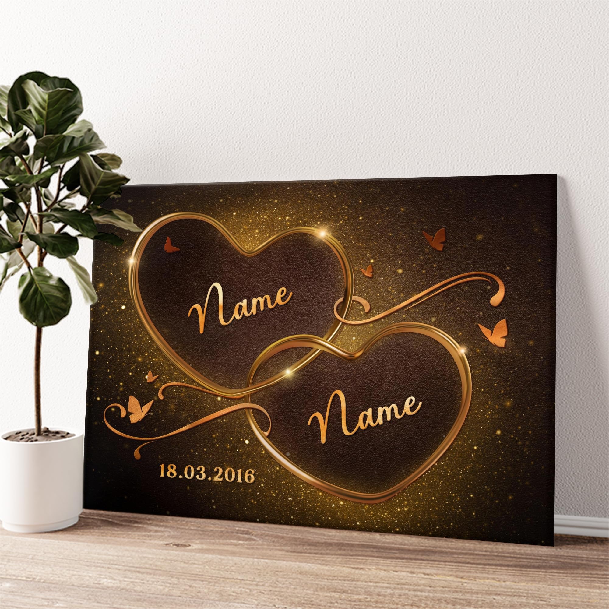 Liebesleinwand Personalisierte Geschenke | Leinwandbild Geschenk für sie und ihn zum Geburtstag, Hochzeitstag, Jahrestag gestalten | Funkelnde Herzen