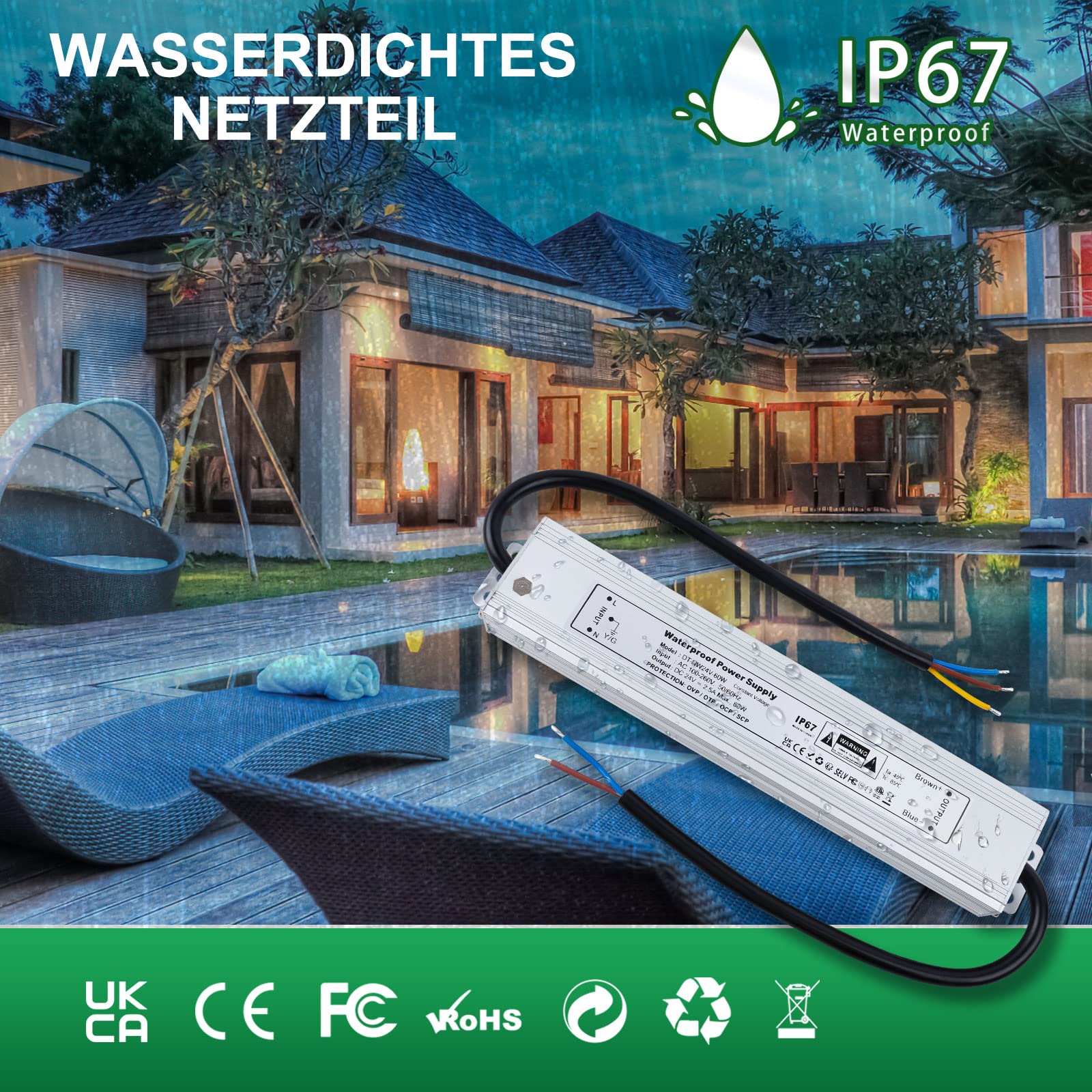 REYLAX LED Trafo 24V Wasserdicht 60W 2,5A LED Treiber Gleichstrom Netzteil IP67 Trafo 230V auf 24V Driver Konstantspannung Transformator Niedervolt Schaltnetzteil für Außen Led Streifen Lampen