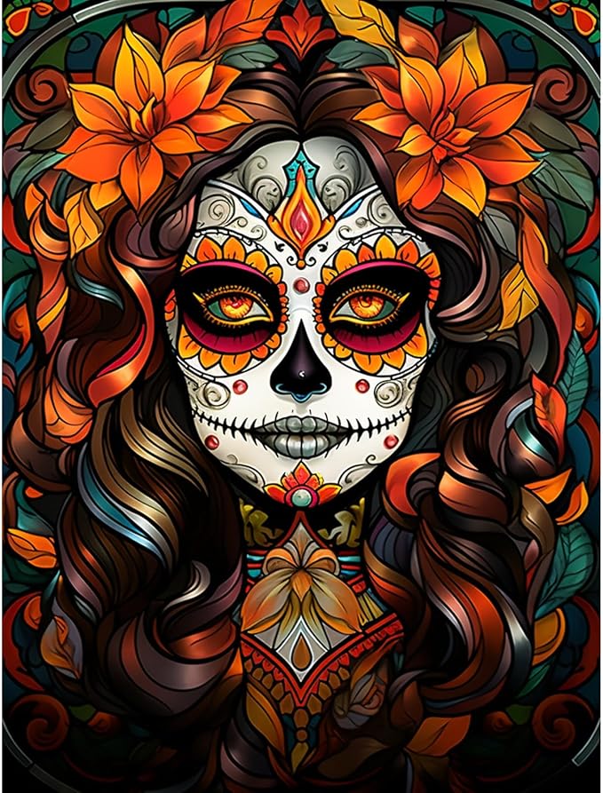 Santa Muerte Diamond Painting Sugar Skull Girl Artwork Fashion Halloween Makeup Wall Art 5D DIY Full Drill Crystal Pictures Autumn Floral Diamond Art for Adult Bedroom Home Decor(16''Wx 12''H)