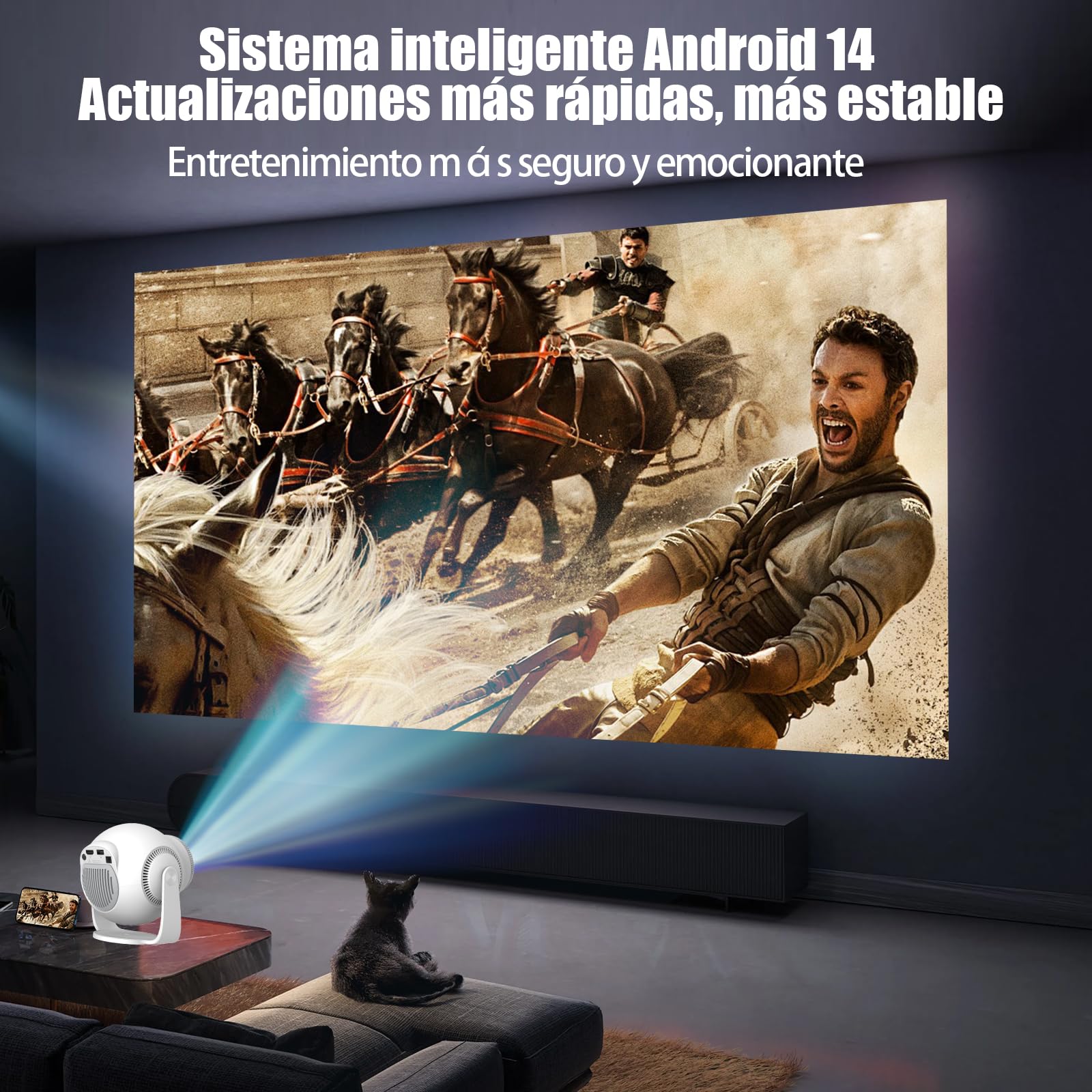 Mini Proyector con 4K & 8K 1080P, Proyector Portátil con Android 14 5G WiFi 6 y Bluetooth 5.4, Rotación de 270°, HDMI/USB/DC, 8 GB de Almacenamiento, Corrección Trapezoidal Horizontal Automática