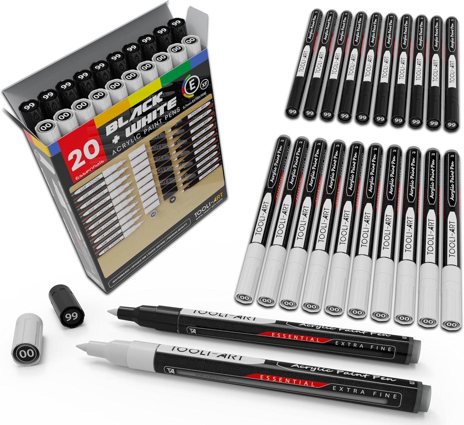 TOOLI-ART Black And White Acrylic Paint Markers Paint Pens Set For Rock Painting, Canvas, Mugs, Metal, Glass Paint, Fabric, Wood, DIY. Non Toxic, Quick Dry,Waterbas (EXTRA FINE)
