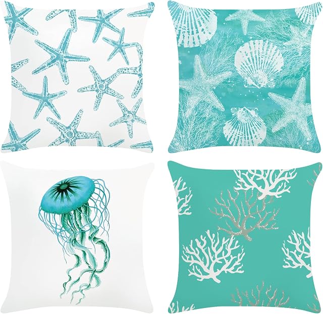 Bonhause Beach Starfish Cushion Covers 45 x 45 cm Ocean Seashell Coral Jellyfish Coastal Blue Throw Pillow Covers Soft Velvet Pillowcases for Sofa Couch Bed Indoor Outdoor Decor Set of 4