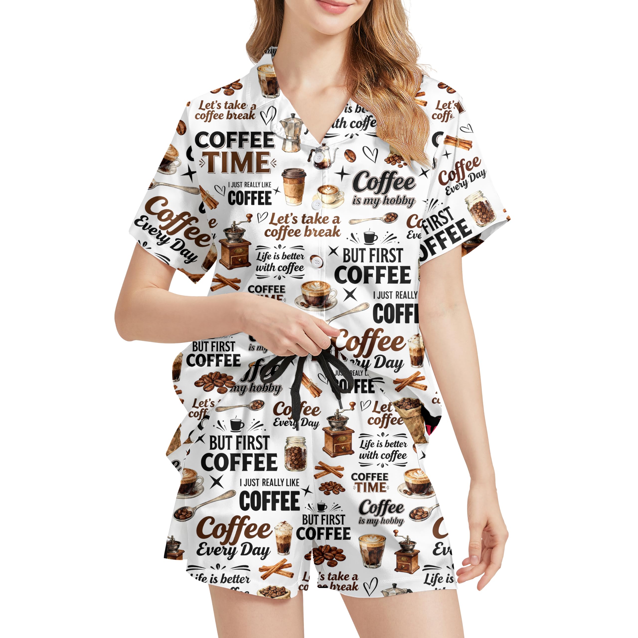 Funny Pajamas for Women Set Print Satin Loungewear Pjs Short Sleeve Button Down Top and Shorts Sets Sleepwear XS-3XL