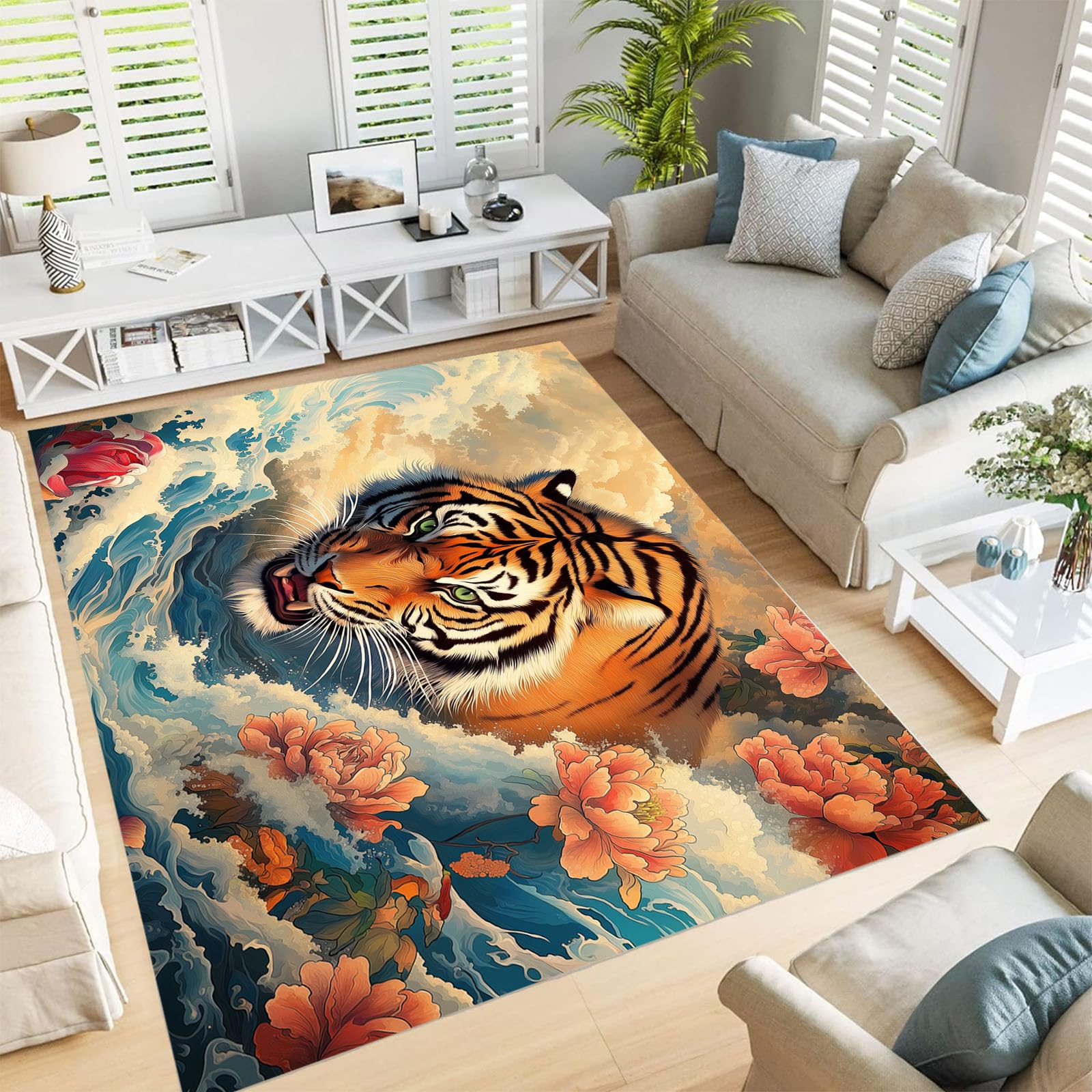 Tapis peinture encre de Chine tigre lavable de haute qualité tan