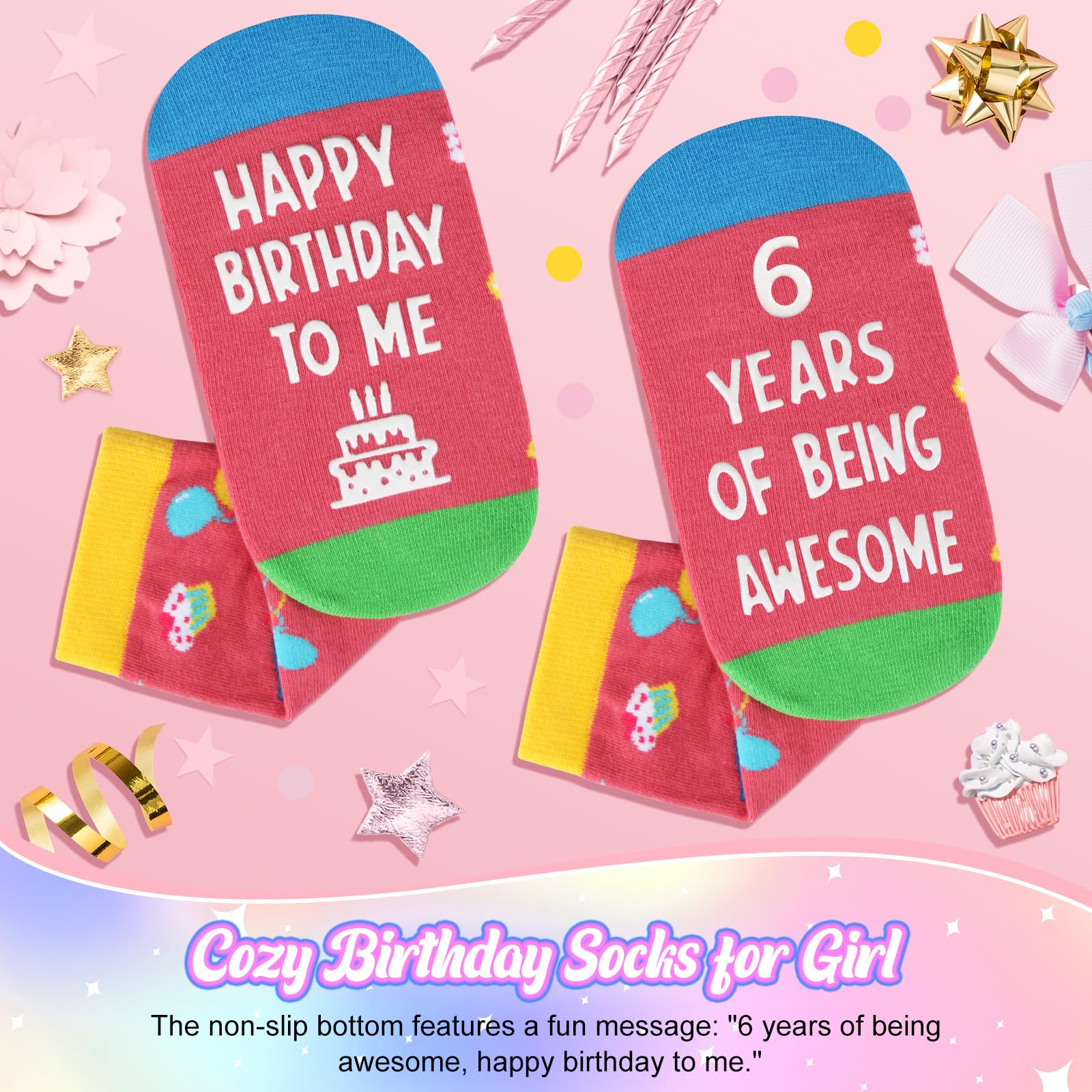 6 Year Old Girl Birthday Gift Set, Gifts for 6 Year Old Girls with Glass Cup (16oz), Socks, Pearl Necklace, Beaded Bracelet, Birthday Hat, Sash & Card