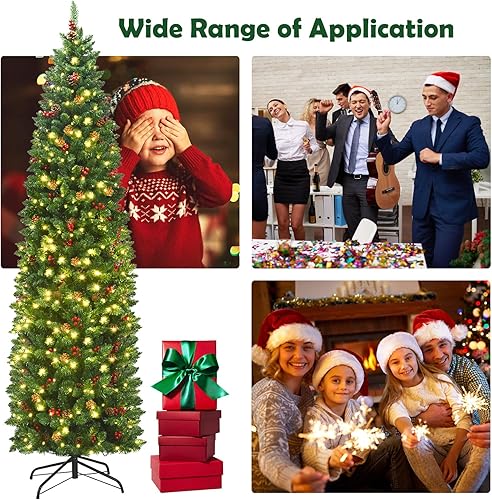 Miniatura 6 de Árbol de Navidad artificial preiluminado de 7.5 pies, árbol de Navidad delgado con 980 puntas de ramas de PVC, 350 luces LED, 75 conos de pino