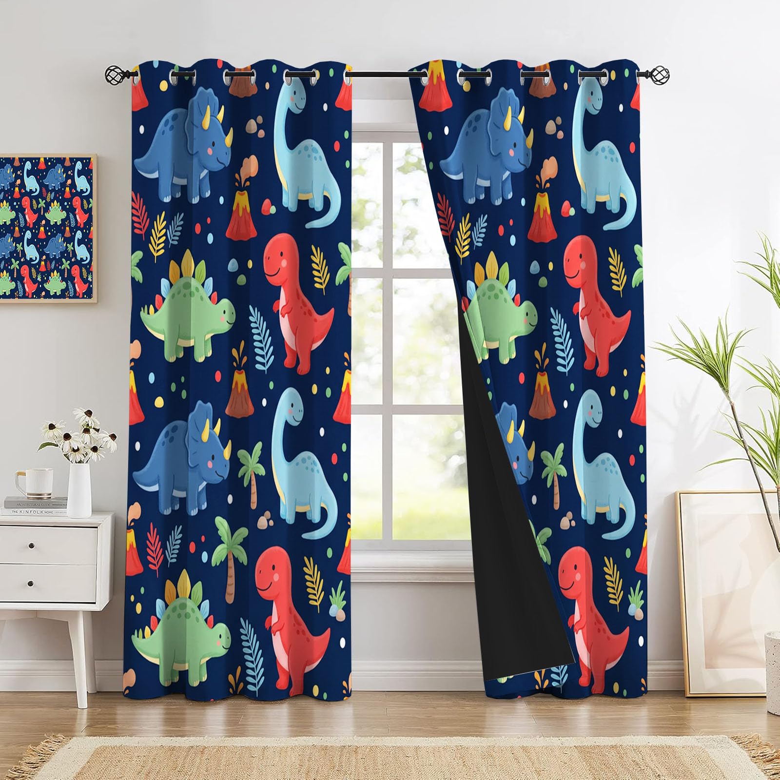 Étoile Volcanique Dinosaure Rideau - Dinosaure pour Enfants Rideau Occultant Thermiques, L140×H240Cm (2 Panneaux) Rideaux À Oeillets pour Decoration Chambre Salon, Draperies Intérieurs, Bleu Marine