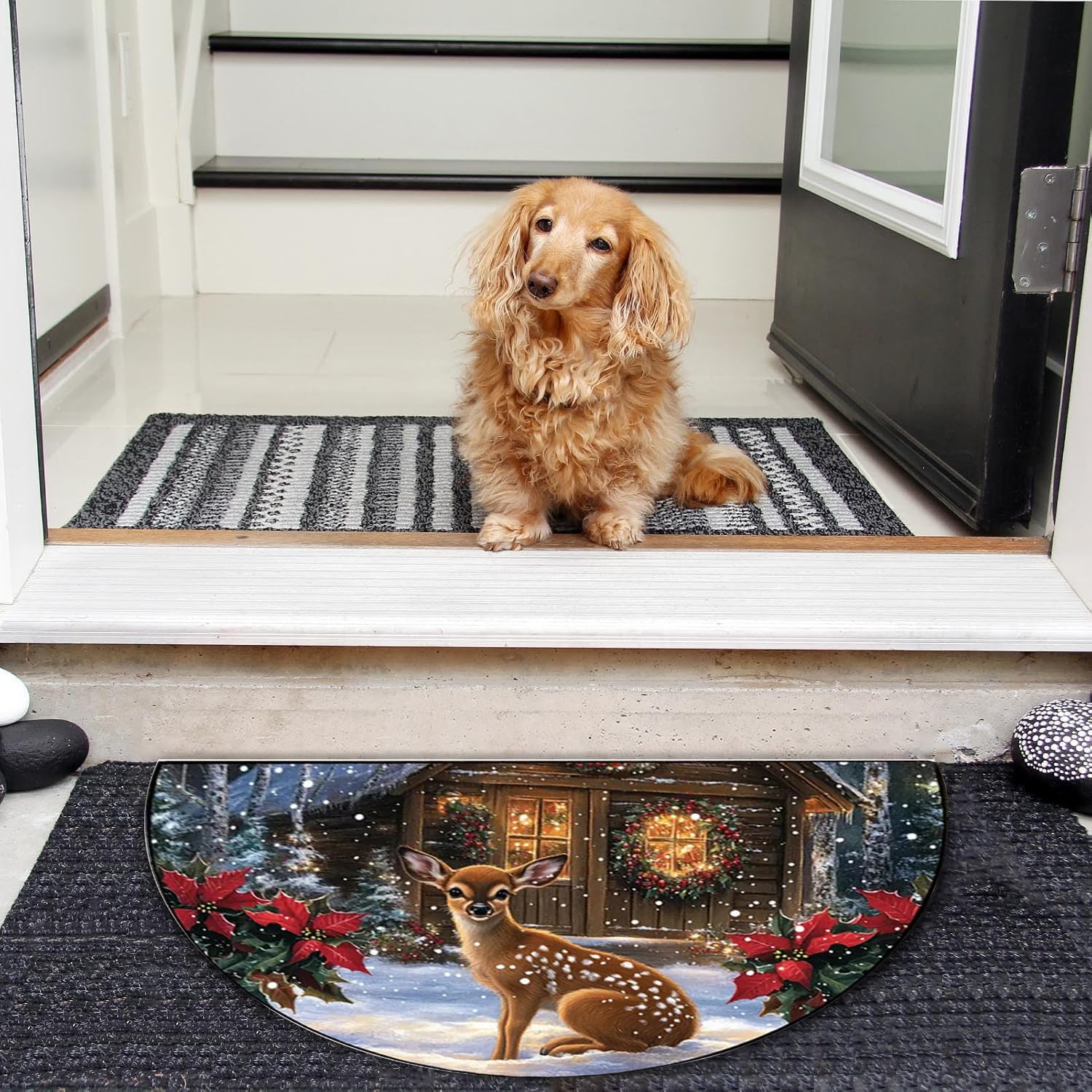 Escena Navideña con Muñeco De Nieve Alfombra De Entrada Semicircular Interior Alfombra De Área Medio Círculo para Suelo Baño Sala De Estar Dormitorio Cocina Chimenea,A,100 * 160cm