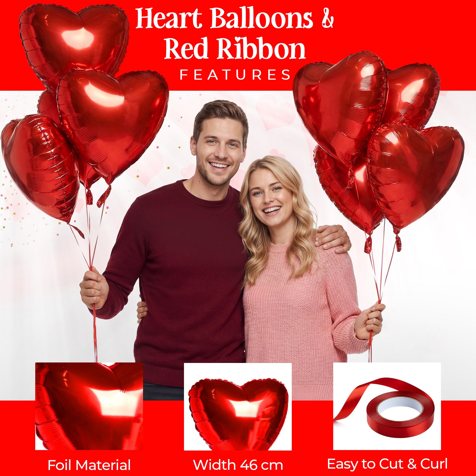 Valentines Decorations Set including Gold I Love You Balloons, 14 Red Heart Balloons and 500 Fake Rose Petals - Image 4