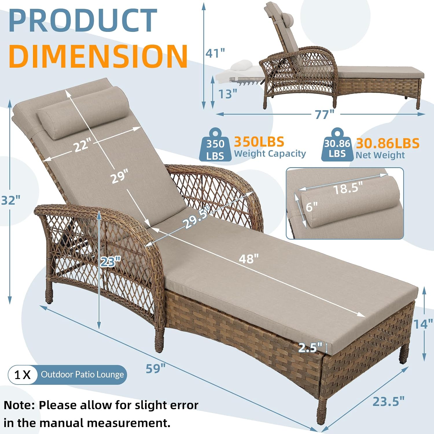 Outdoor Chaise Lounge Chair, PE Wicker Long Recliner Patio Lounge Chair with Cushion, 6-Position Patio Reclining Sun Lounger with Adjustable Backrest for Poolside, Armrest & Pillow, Beige