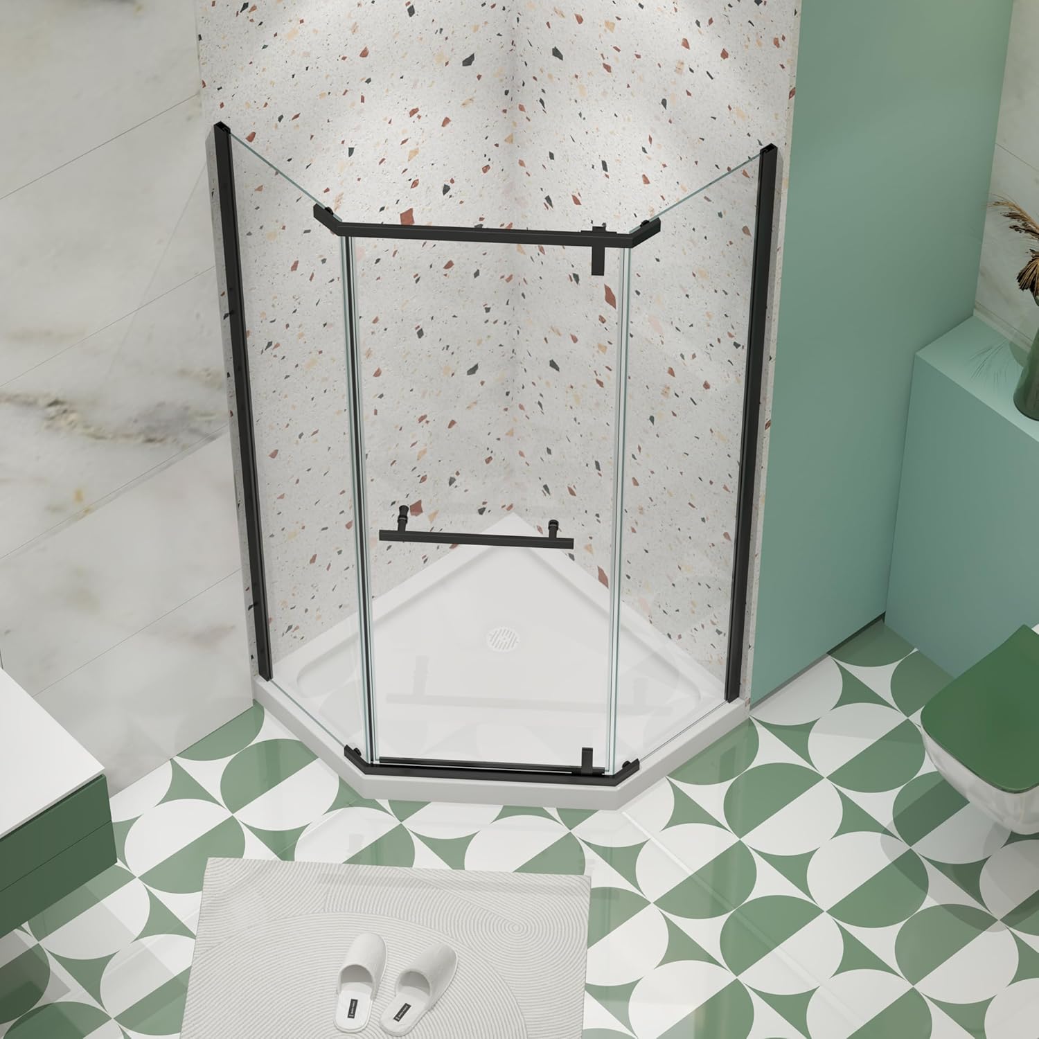 KEIKI 34.75" x 34.75" x 72" Neo-Angle Frameless Pivot Shower Door with 1/4"(6mm) Tempered Clear Glass, Corner Shower Enclosure, Opening Walk-in Design, Matte Black