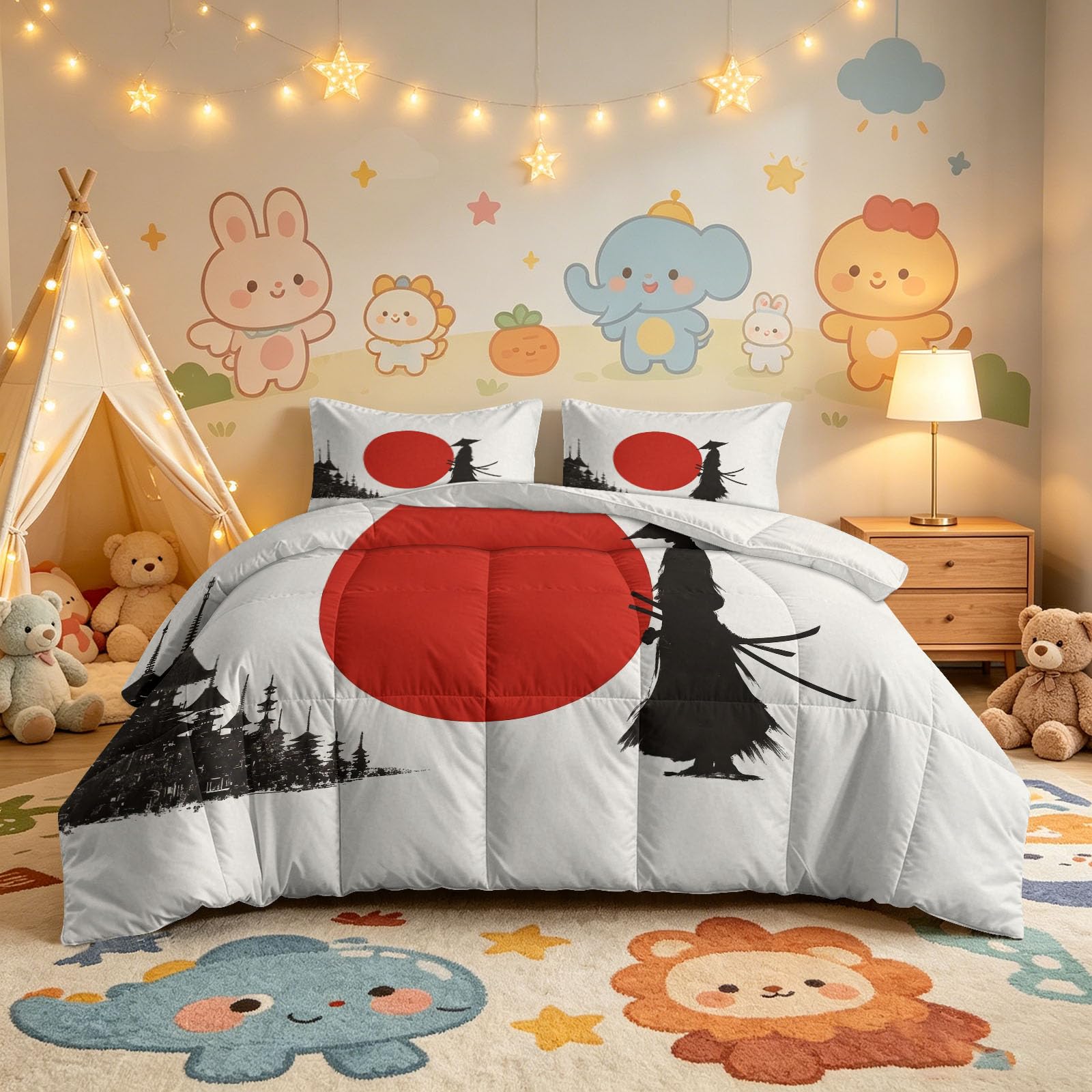 Generisch Cartoon Japanisch Bettdecke 155x220cm 4 Jahreszeiten, Samurai Silhouette Rote Sonne Steppdecke, Hautfreundlich Ganzjahresdecke Bettdecke ohne Bezug Waschbar mit 2 Kissenbezug