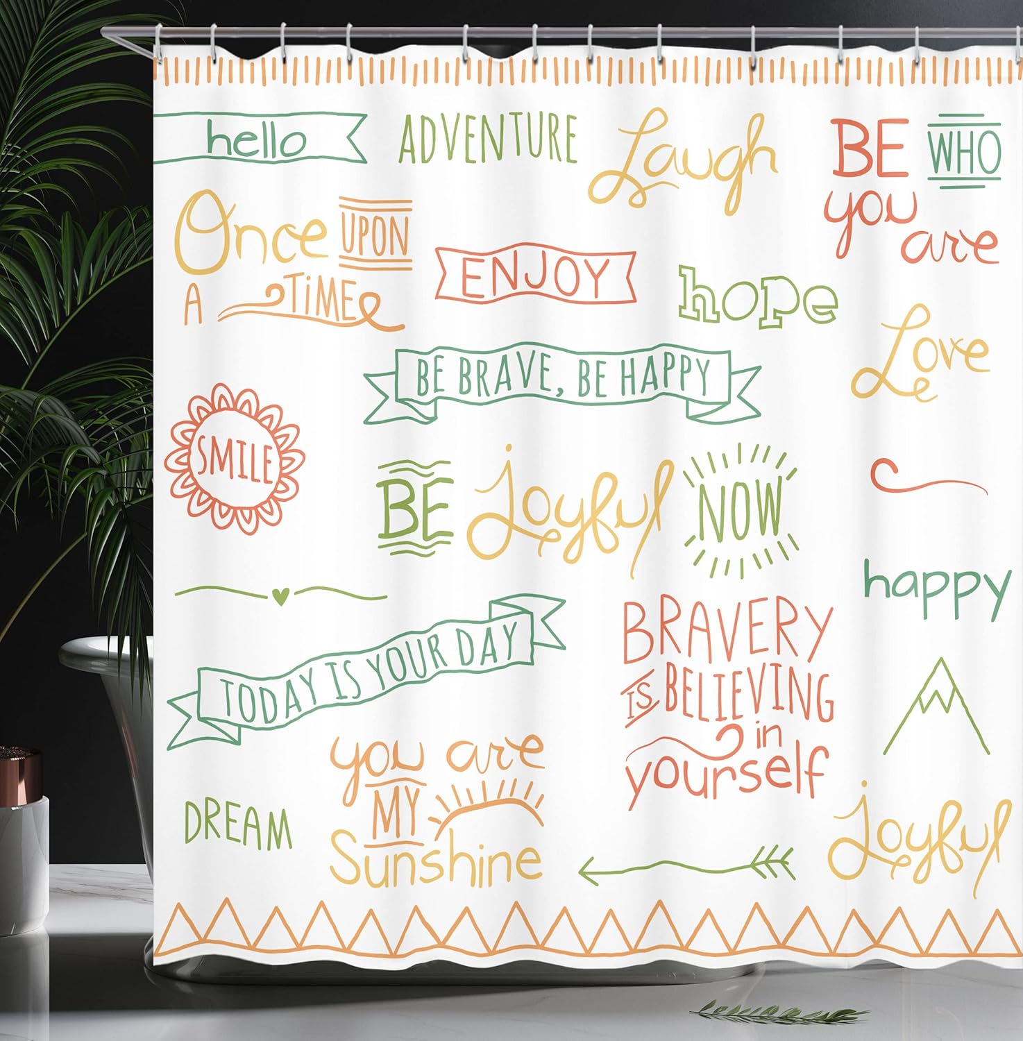 Ambesonne Adventure Shower Curtain, Various Words on Happiness and Self Value Uplifting Phrases Being Who You are, Cloth Fabric Bathroom Decor Set with Hooks, 69" W x 70" L, Sea Green