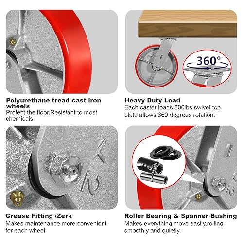 Miniatura 3 de Ruedas de 8 x 2 pulgadas, juego de 4 ruedas industriales resistentes, ruedas de poliuretano con fuerte capacidad de carga de 6000 libras (2