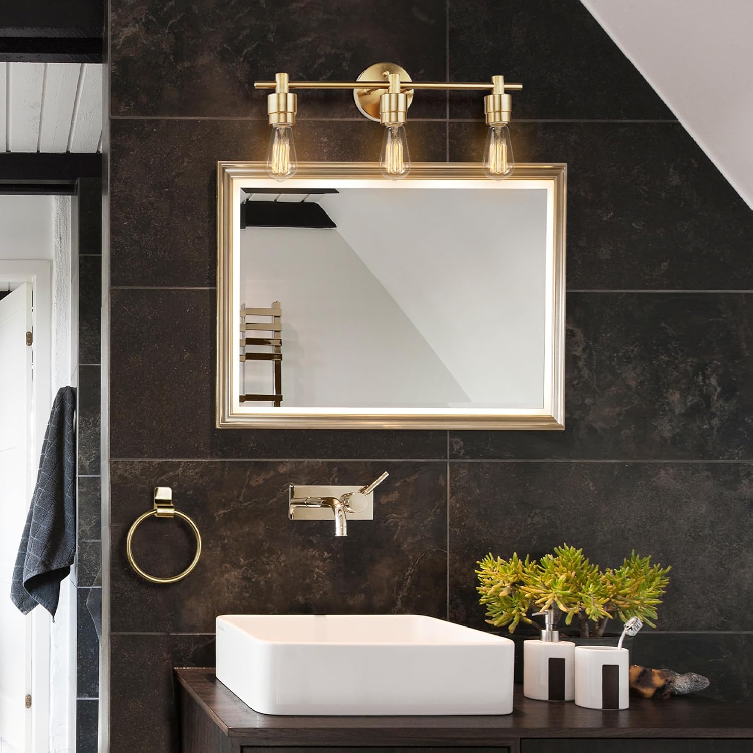 Alexandria Matte Brass 5-Piece Bathroom Set with 3-Light Vanity