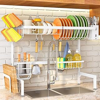 Over The Sink Dish Drying Rack - Adjustable Dish Rack for Kitchen Counter, Metal (White)
