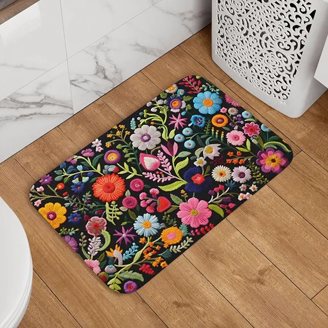 Paillasson fleurs brodées antidérapant 40x60 cm - Décoration intérieur/extérieur