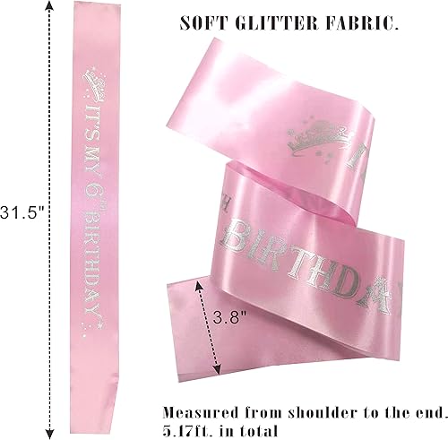 Miniatura 2 de Banda y tiara de 6 cumpleaños para niñas, fabulosa banda con purpurina + corazones de diamantes de imitación, tiara de metal rosa de alta calidad