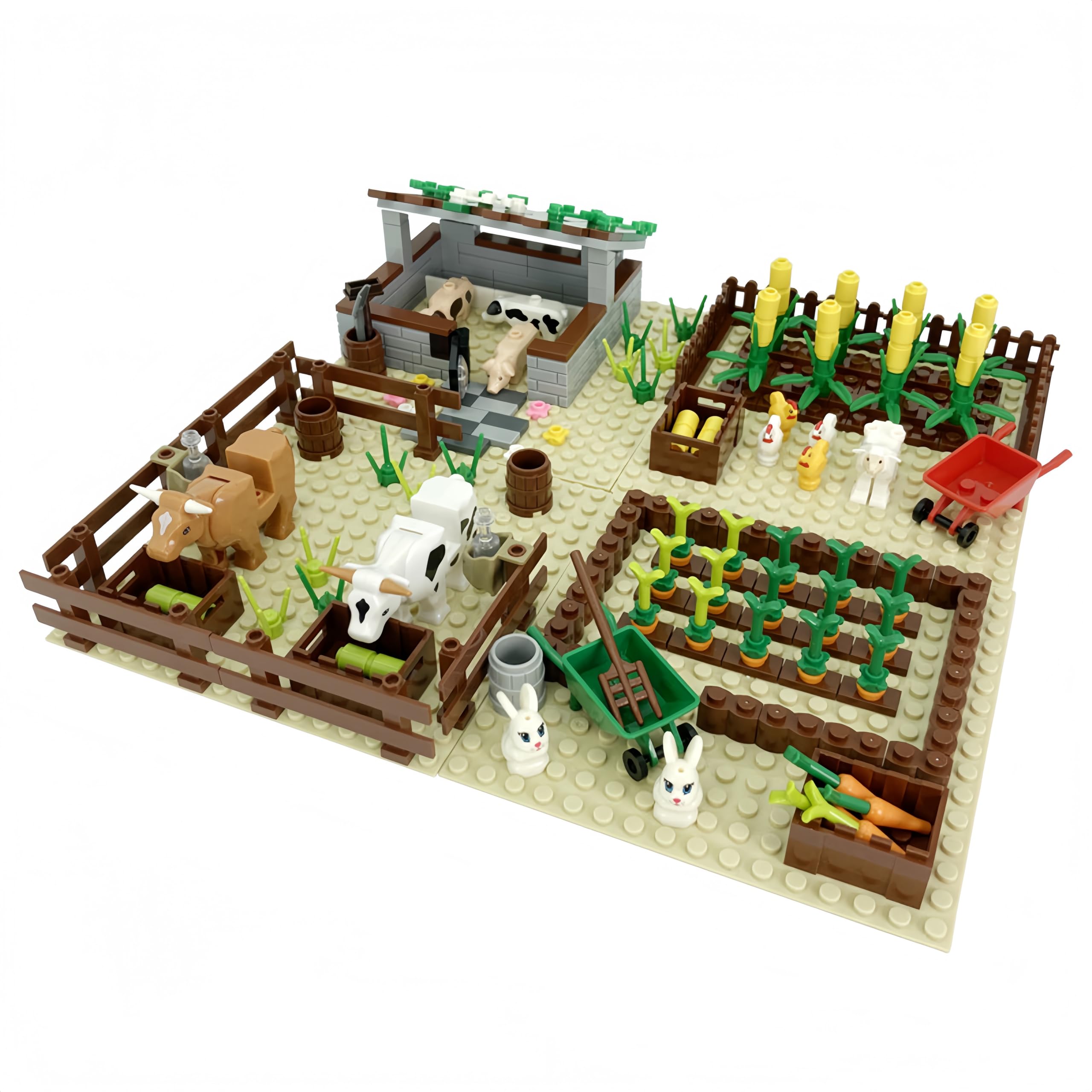 Set di mattoncini da costruzione 4 in 1, stalla, porcile, campo di mais e aiuola, giocattolo da costruzione per bambini dai 6 anni, giocattolo educativo con animali, piante e accessori