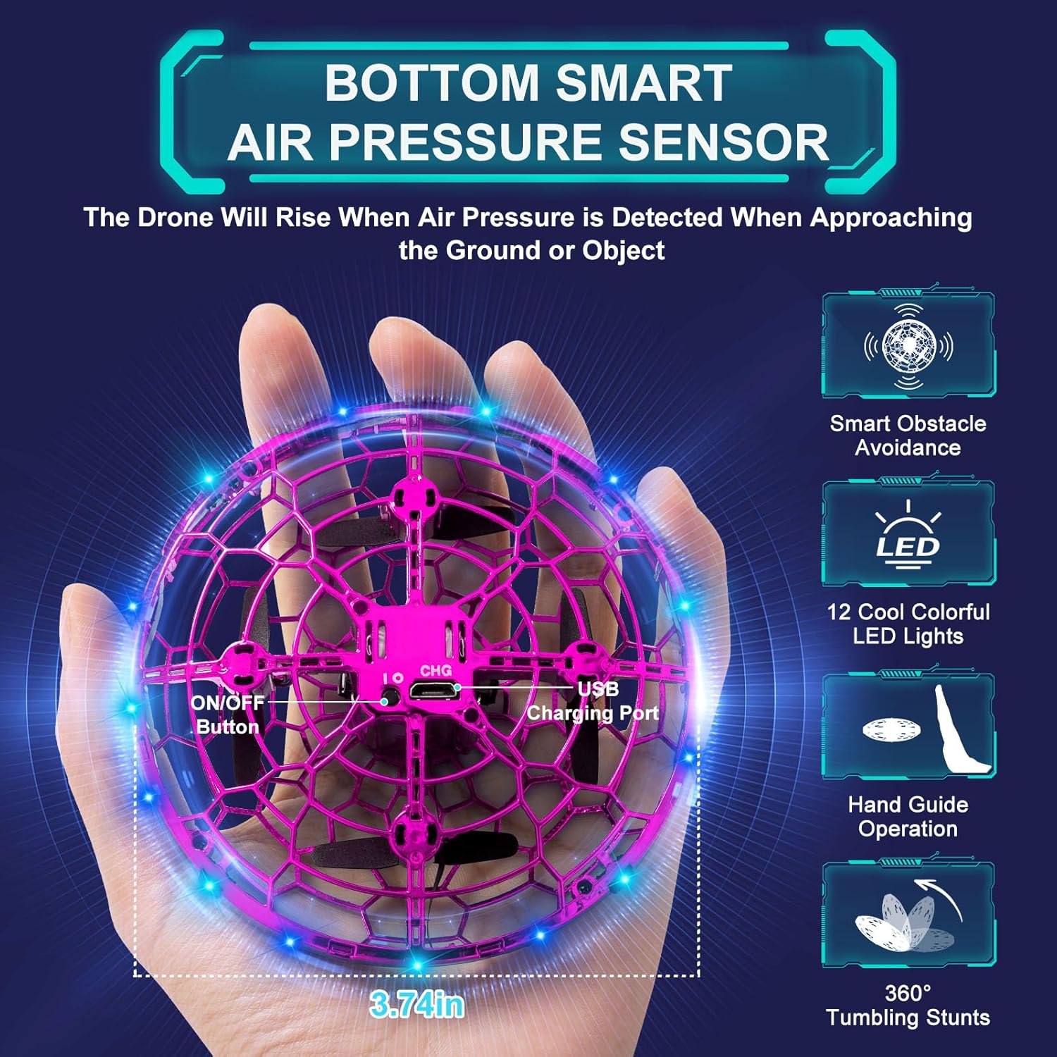 Hand Operated Flying Toy Drone for Kids, 360° Hands Free Motion Sensors Mini Drone with Cool LED Lights, Easy Indoor Small UFO Toy Flying Ball Drone for 6 7 8 9 10+ Year Old Boys and Girls (Pink)