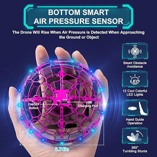 Miniatura 3 de Dron de juguete volador operado a mano para niños, sensores de movimiento manos libres de 360, mini dron con luces LED frías, fácil de interior,