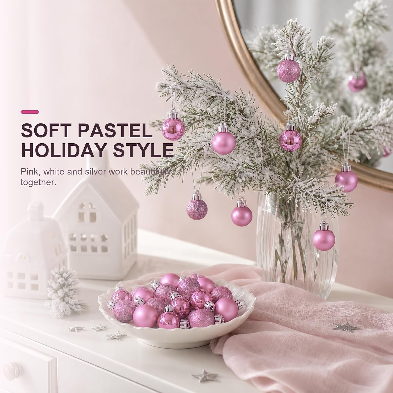24pcs Mini Pink Christmas Ball Ornaments, 1.18 Inch