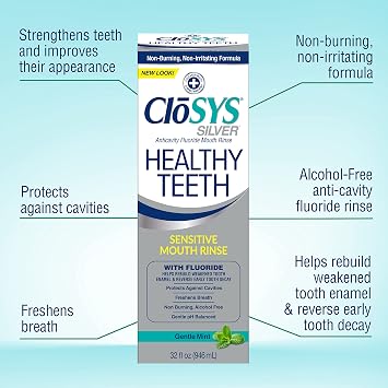 CloSYS Silver Healthy Teeth Anti-Cavity Oral Rinse, 32 Fl Oz, Fluoride Mouthwash for Adults, Non-Burning, Non-Irritating (Pack of 2)