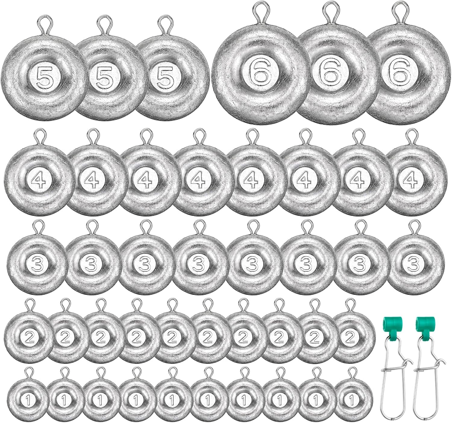 42 Pcs Disc Sinkers Fishing Weights No-Roll Lead Coin Saltwater | 1-6oz Range for Surf, River, Lake, Rustproof Eyelet, Quick-sink Flat Shape, Ideal for Catfish, Bass, Trout, Pike, 2 Slides