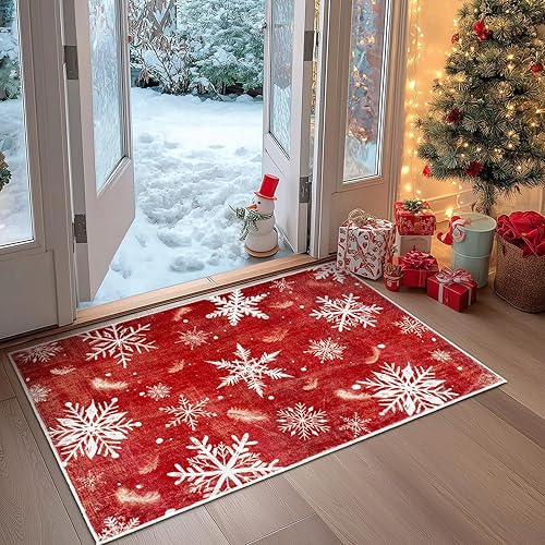 Acetiamin 2x3 Machine Washable Christmas Area Rug, Non-Slip Small Christmas Entryway Rug for Front Door, Low Pile Indoor Door Mat for Entryway, Bedroom, Dining Room & Kitchen(2x3 Snowflake)