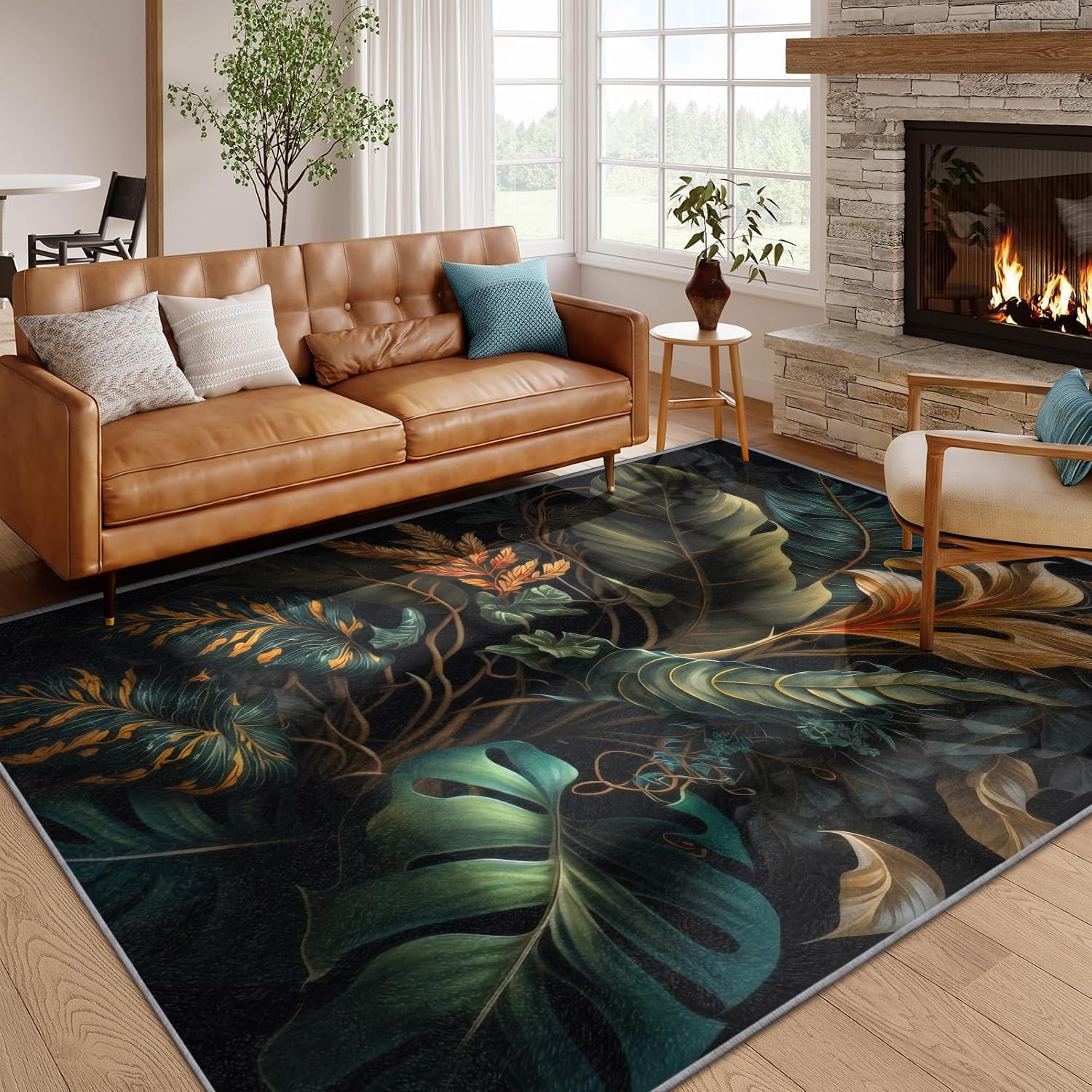 SMXVRC Tropical Jungle Foliage Area Rug, 180x230cm, Green Plant Leaf Pattern Fade-Resistant Foldable Carpets, Easy Clean Low Pile Rug for Living Room Hallway