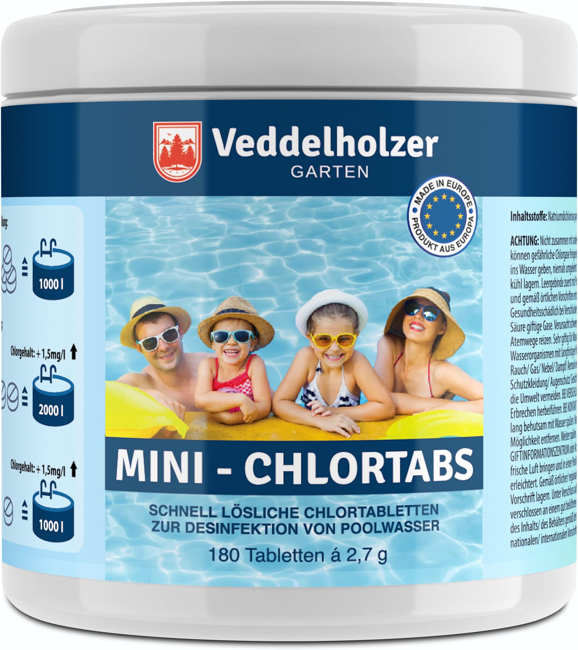 Veddelholzer Chlorine Mini Tabs. Fast Dissolving Chlorine Tablets for Small Pools, Hot Tubs & Whirlpools. Kills Algae, Prevents Algae Growth