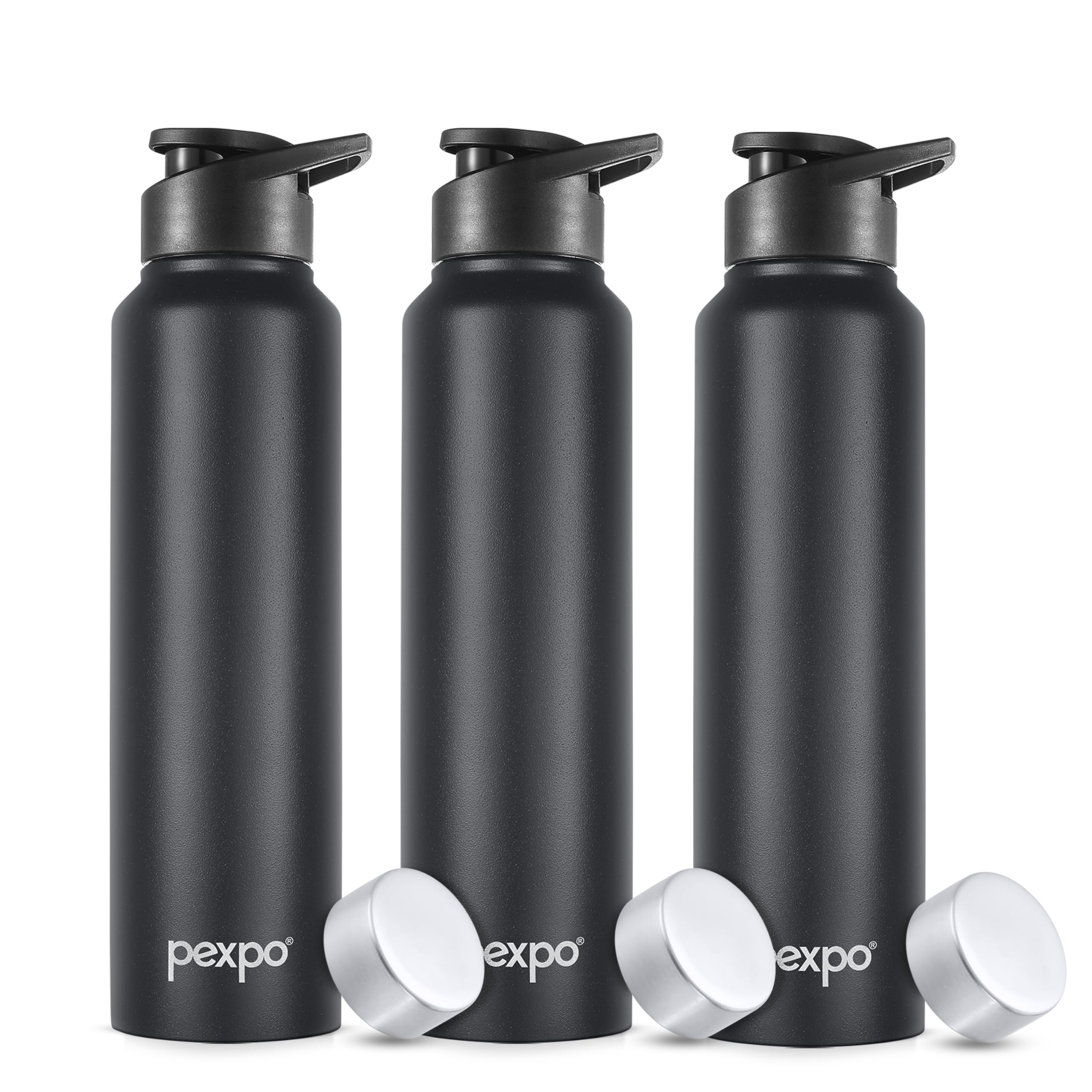 PEXPO Chromo Stainless Steel Sports/Fridge Water Bottle With Sipper & Steel Cap, 1 Litre, Knight Black Pack of 3| BPA Free | Water Bottle for Office, Gym, School, Yoga, Trekking, Adults & Kids