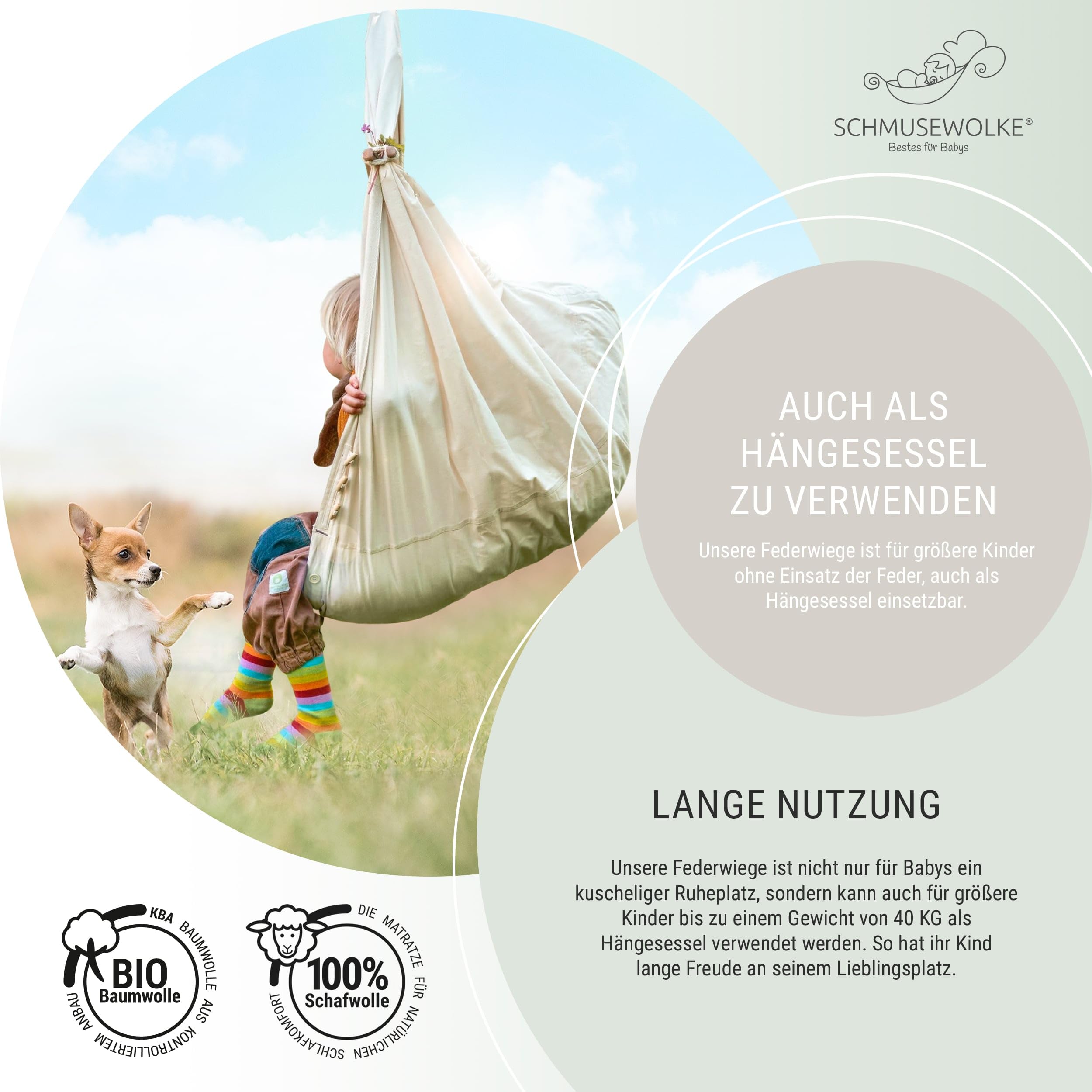 SCHMUSEWOLKE Federwiege - Set mit Tipi-Gestell Anthrazit - Hängematte für Babys und Kleinkinder ab Geburt bis 3 Jahre - Bio-Baumwolle - Mit Schafwoll-Matratze